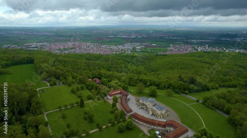 Aerial view of the city Solitude palace in Germany on a sunny noon in spring	