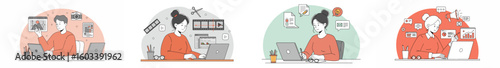 Illustration of four young women working on laptops in digital workspaces with floating icons