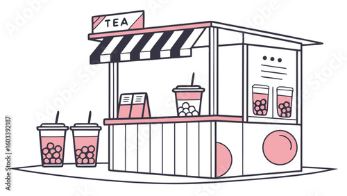 Adorable Illustrated Boba Tea Cart with Drinks.