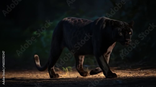 Majestic Black Panther Prowls Through Night Forest