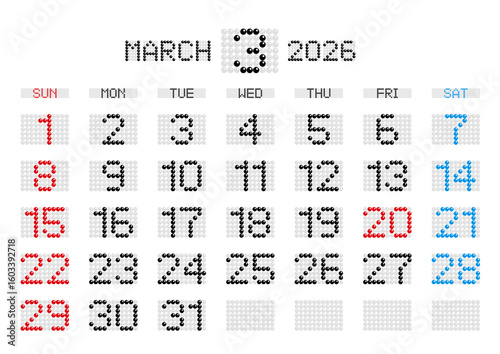 2026年3月の電光掲示板風カレンダー 日曜始まり