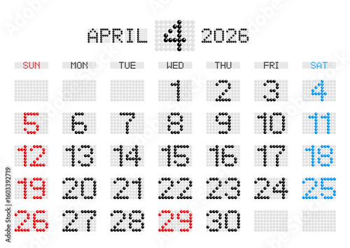 2026年4月の電光掲示板風カレンダー 日曜始まり