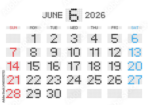 2026年6月の電光掲示板風カレンダー 日曜始まり