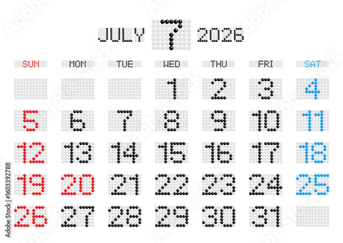 2026年7月の電光掲示板風カレンダー 日曜始まり