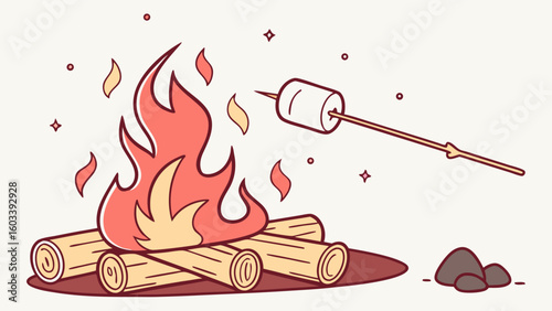 Cartoon Campfire with Marshmallow on a Stick and Rocks.