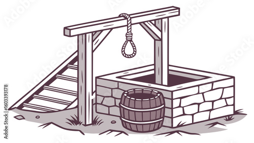 Cartoon Illustration of a Gallows and Well with Barrel.