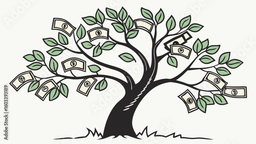 Cartoon Illustration of a Money Tree with Dollar Bills.