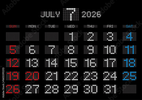 2026年7月の電光掲示板風カレンダー 日曜始まり