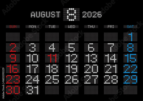 2026年8月の電光掲示板風カレンダー 日曜始まり
