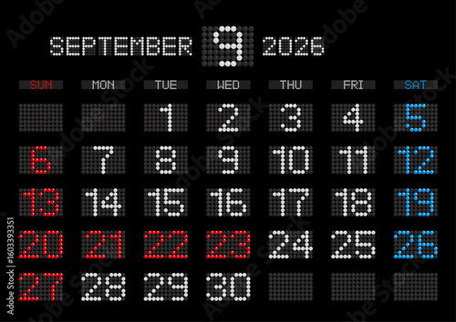 2026年9月の電光掲示板風カレンダー 日曜始まり