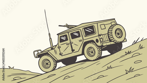 Cartoon Military Vehicle Climbing a Hill with Antenna and Mounted Gun.