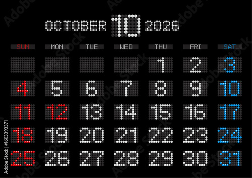 2026年10月の電光掲示板風カレンダー 日曜始まり