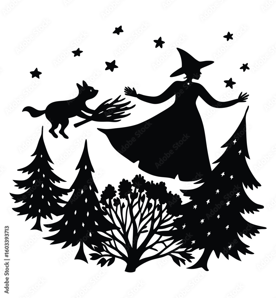 Fototapeta premium A vector silhouette illustration of a fun Halloween witch with a star design for a holiday celebration card
