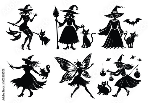 A set of funny cartoon Halloween animal and witch silhouette vector icons, including cats, bats, and ghosts, for a spooky design collection