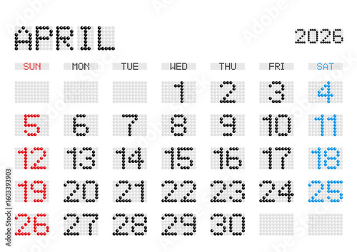 2026年4月の電光掲示板風カレンダー 日曜始まり 日本の祝日表記無し