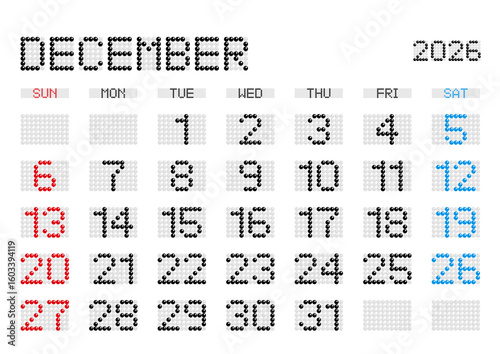 2026年12月の電光掲示板風カレンダー 日曜始まり