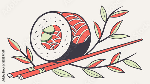 Colorful Sushi Roll with Chopsticks and Leaves.