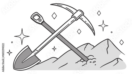 Crossed Pickaxe and Shovel over Mountains with Stars and Diamonds.