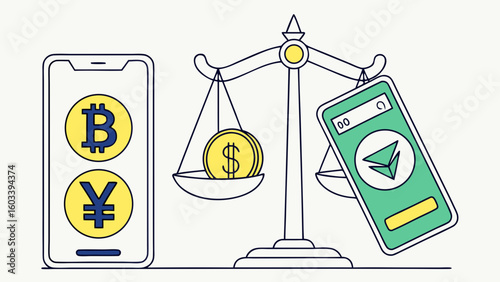 Cryptocurrency Fiat Currency and Mobile App on Scales.