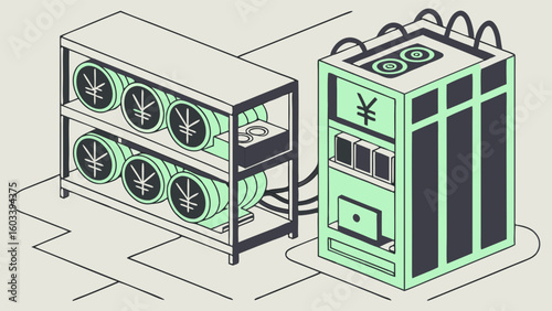 Cryptocurrency Mining Rigs and Server Depicting Yen Symbol.
