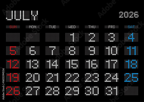2026年7月の電光掲示板風カレンダー 日曜始まり 日本の祝日表記無し