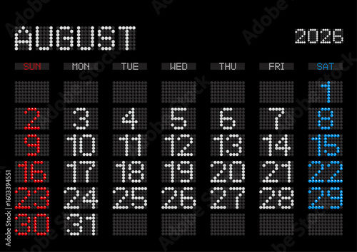 2026年8月の電光掲示板風カレンダー 日曜始まり 日本の祝日表記無し