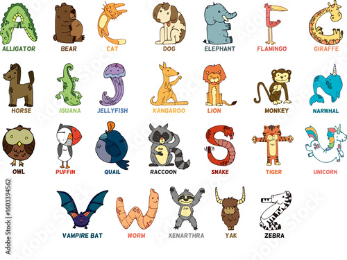 Alphabet Chart. Complete English animal alphabet featuring colorful cute cartoon creatures shaped into letters from A to Z for childrens learning and fun. EPS Editable