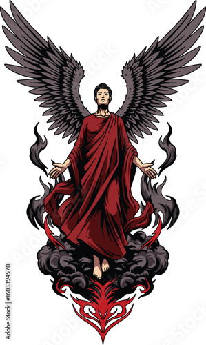 Ascended Angelic Being with Dark Wings and Crimson Robes