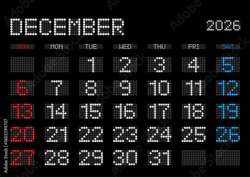 2026年12月の電光掲示板風カレンダー 日曜始まり