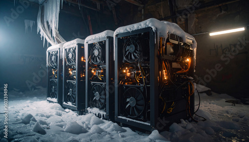 Abandoned Bitcoin Mine with Frozen GPUs
. Economy Concept. Generated Image