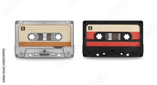 Two vintage audio cassette tapes with red labels side by side on a white background, showing retro analog music media.