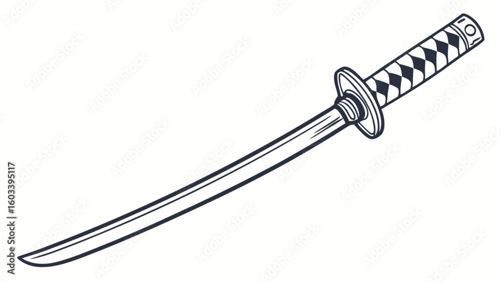 Detailed Black and White Illustration of a Katana Sword. Detailed Black and White Illustration of a Katana Sword.