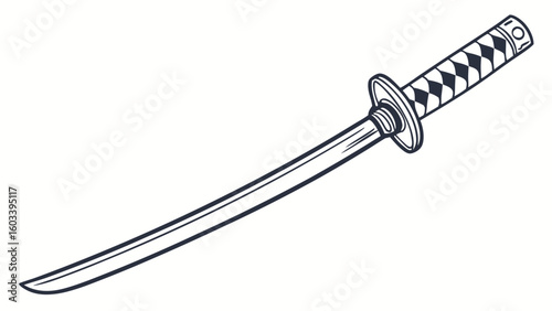 Detailed Black and White Illustration of a Katana Sword.