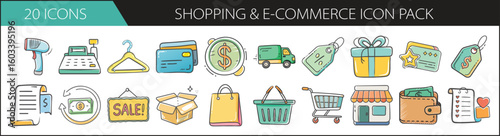 20 Hand-Drawn Shopping and E-Commerce Icons - Collection of 20 hand-drawn shopping and e-commerce icons featuring carts, tags, packages, payment, and delivery elements.