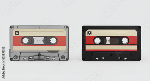 Two vintage audio cassette tapes with red labels side by side on a white background, showing retro analog music media.