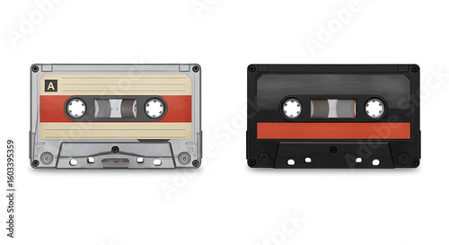 Two vintage audio cassette tapes with red labels side by side on a white background, showing retro analog music media.