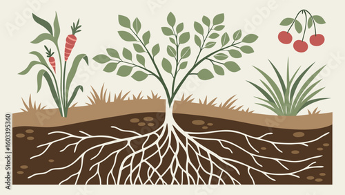 Diagram of Root System and Various Plants.