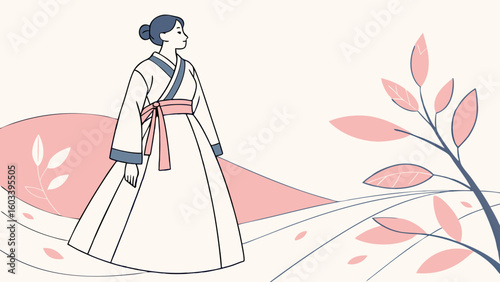 Elegant Asian Woman in Traditional Hanbok Dress.