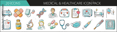 20 Medical and Healthcare Icons Hand-Drawn Style - A compact set of 20 hand-drawn medical and healthcare icons, including doctors, equipment, pills, masks, and documents.
 