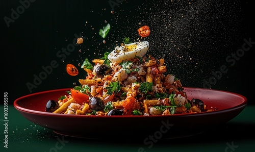 Fototapeta Naklejka Na Ścianę i Meble -  Close-up of bacalhau a bras, portuguese cuisine on smooth red plate at aperture 1.4