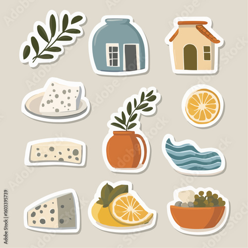 Set of friendly Greek cartoon stickers featuring food and travel-related objects, perfect for creative DIY crafts and printable paper products