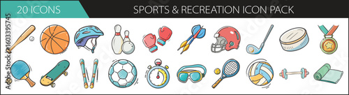20 Sports and Recreation Icons in Hand-Drawn Style - A colorful icon set with 20 illustrations representing various sports and recreational activities including balls, gear, and trophies.