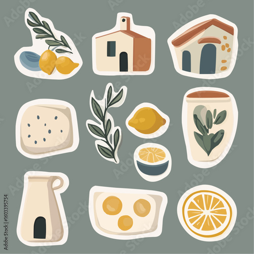 Collection of Greek cartoon stickers with traditional elements, ideal for printable sheets used in travel kits, creative sets, or gift decor