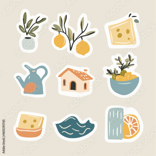 Cartoon sticker set with Greek food and cultural elements, suitable for souvenir sheets, printable packaging, or themed paper kits