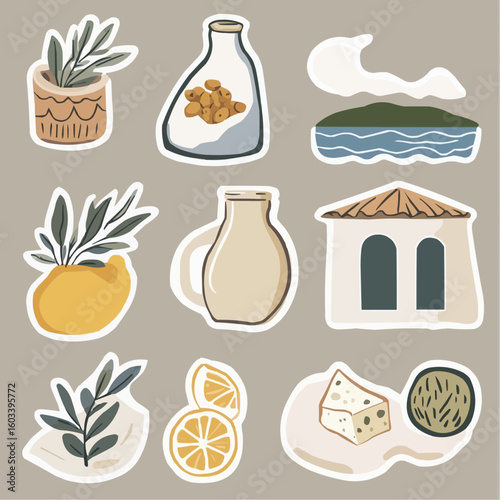 Flat and playful Greek sticker set with food and regional objects, great for journaling pages, scrapbooking, and decorative craft projects
