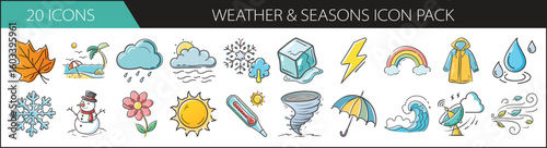 20 Weather and Seasonal Icons for Forecast Design - Colorful icon pack featuring 20 weather and season-themed illustrations including sun, rain, snow, wind, clouds, and temperature symbols.