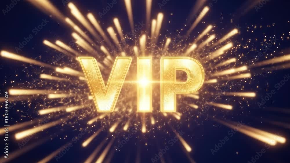 Golden VIP Text Reveal with Sparkling Particle Burst on Dark Blue Background