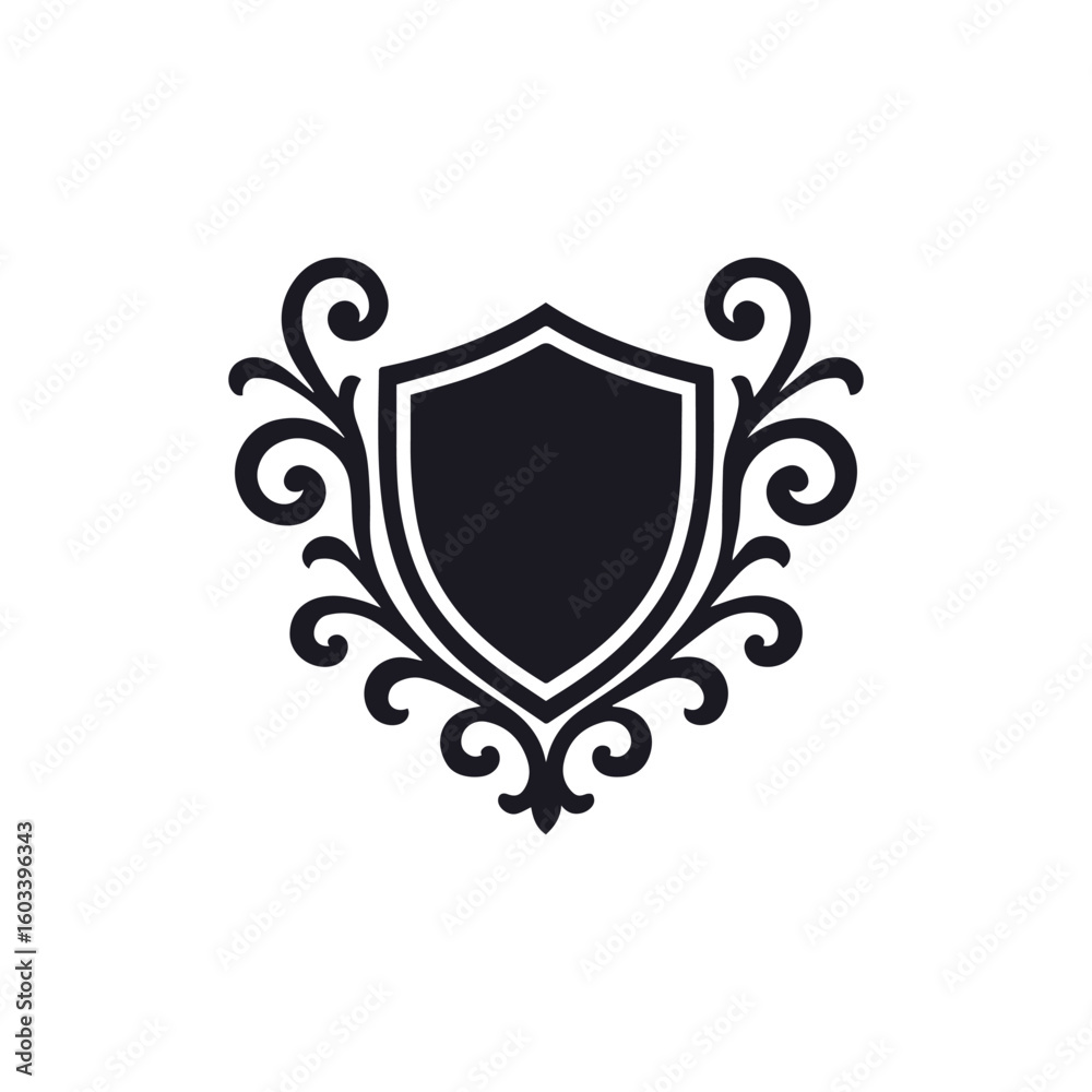 Fototapeta premium Blank shield with ornate carvings on both sides vector logo, isolated on white background, generative ai