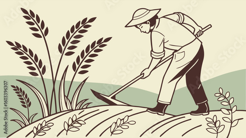 Farmer Tilling the Soil Amidst Wheat Stalks.