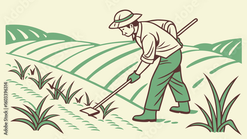 Farmer Working in a Field of Crops.